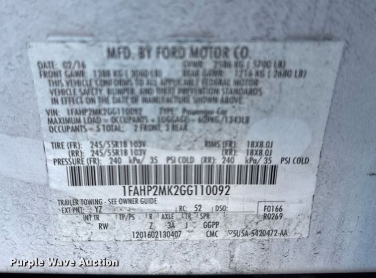 image for item NO9536 2016 Ford Taurus Police Interceptor