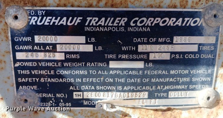 image for item DW0804 1986 Fruehauf EL FI trailer dolly