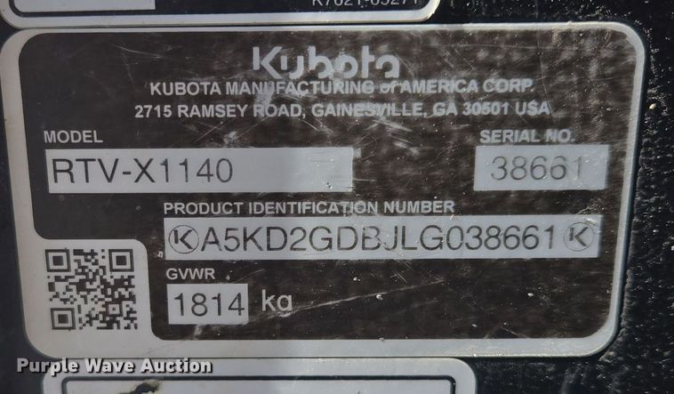 image for item EE8623 2020 Kubota  RTV X1140 utility vehicle