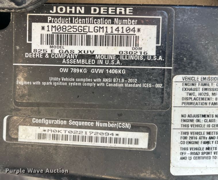 image for item EH2904 2016 John Deere Gator 825i utility vehicle