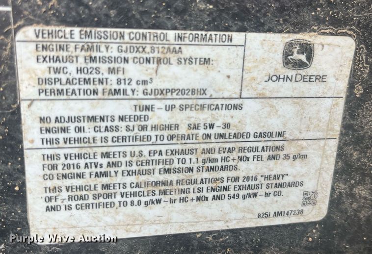 image for item EH2909 2016 John Deere 825 Gas XUV utility vehicle