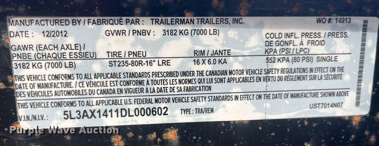 image for item EH2920 2013 Trailerman utility trailer