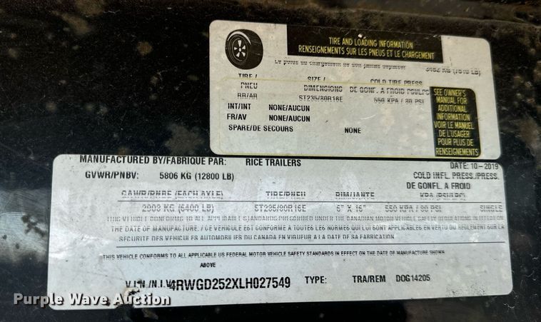 image for item EH7108 2020 Rice D0G14205 drop deck equipment trailer