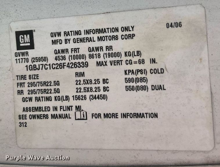 image for item EK3582 2006 Chevrolet C7500 rollback truck