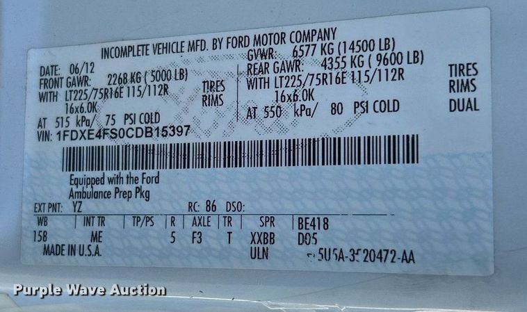 image for item EK3596 2012 Ford E450 Super Duty van cab and chassis