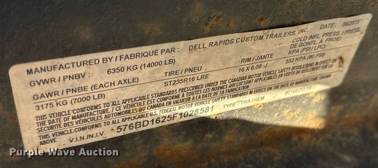 image for item EN2527 2015 DCT dump trailer