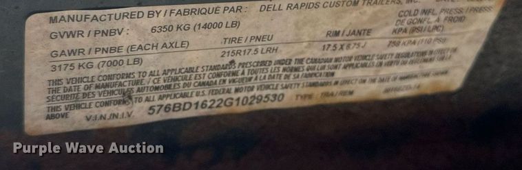 image for item EN2533 2016 DCT dump trailer