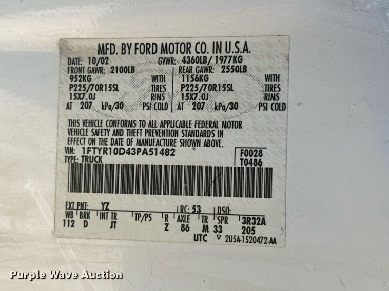 image for item JE9322 2003 Ford Ranger pickup truck