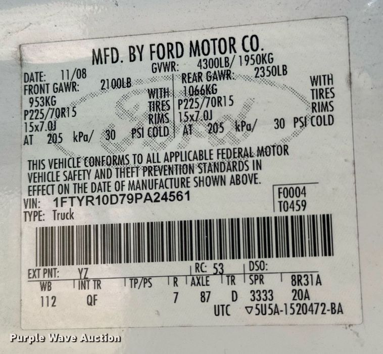 image for item JE9324 2009 Ford Ranger pickup truck