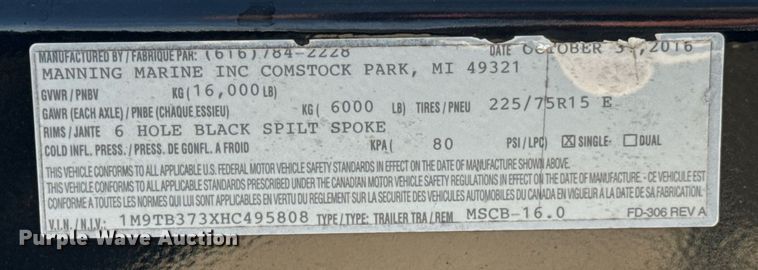 image for item JE9335 2017 Manning Marine boat trailer