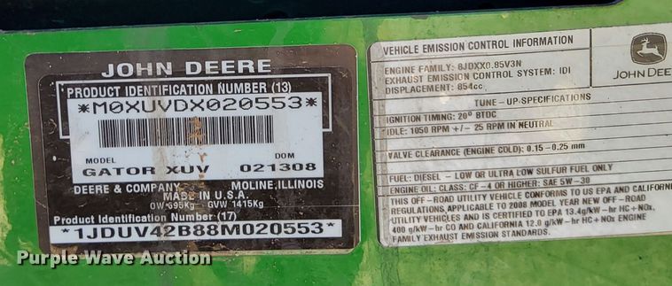 image for item MS9860 2008 John Deere Gator 850D utility vehicle