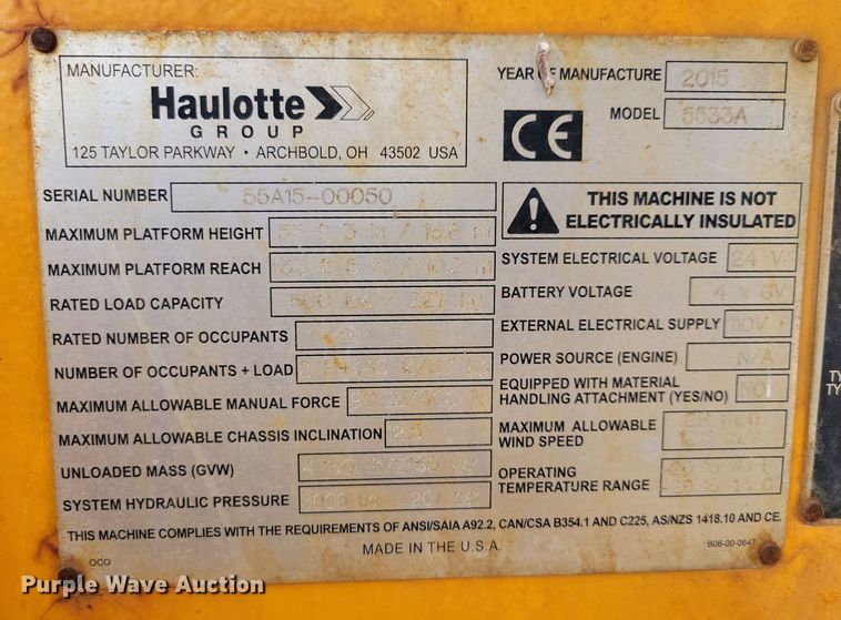 image for item DN3593 2015 Biljax 5533A boom lift