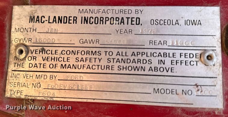 image for item DW2229 1978 Ford F604F fire truck