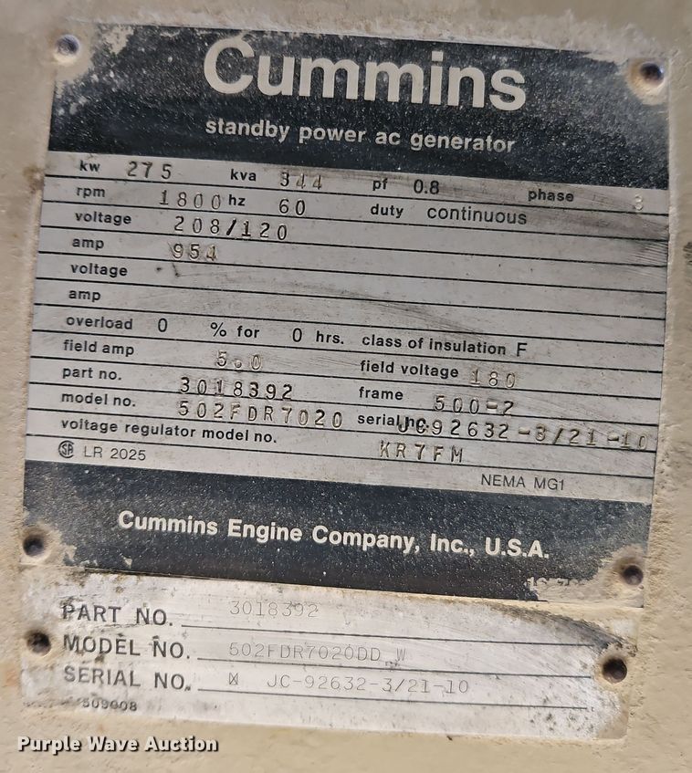 image for item DW2314 Cummins 502FDR7020 generator