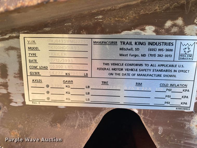 image for item EH2855 1993 Trail King TK100HDG-493 lowboy equipment trailer