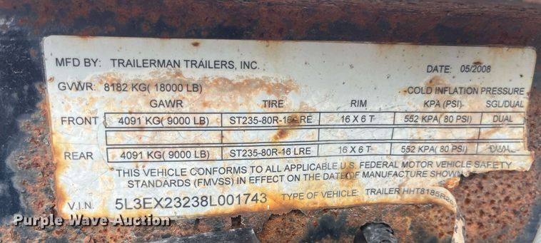 image for item EH2919 2008 Trailerman HHT8185R20 equipment trailer