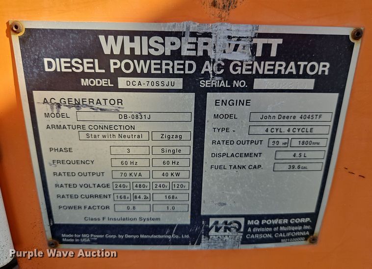 image for item EI8498 Whisperwatt DCA70SSJU generator