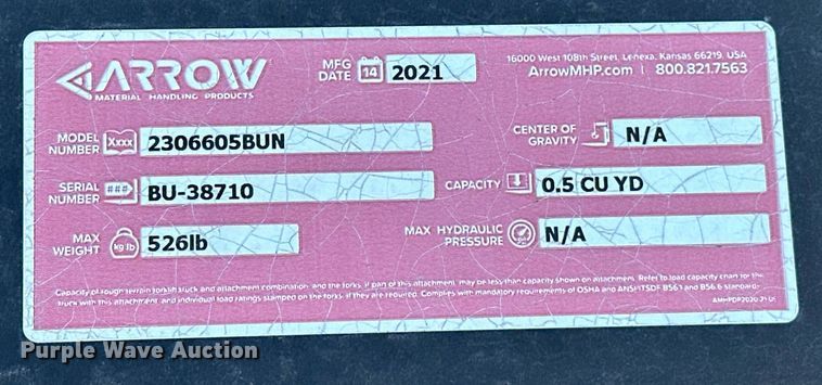 image for item EJ5035 2021 Arrow 2306605BUN skid steer bucket