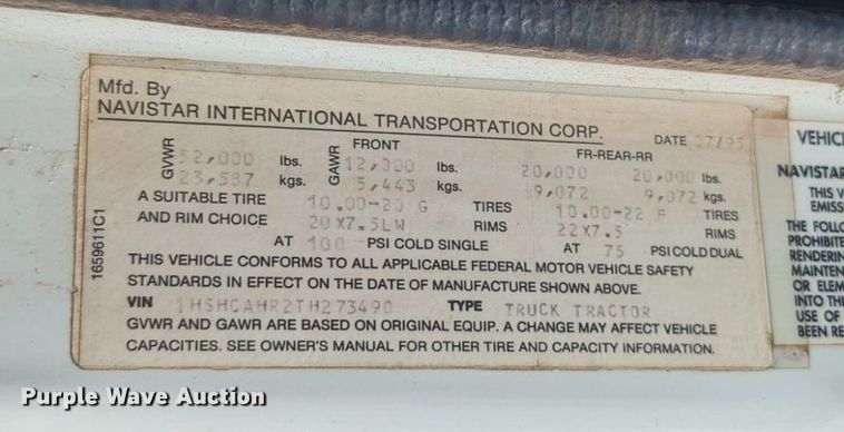 image for item DL1050 1996 International 8100 semi truck