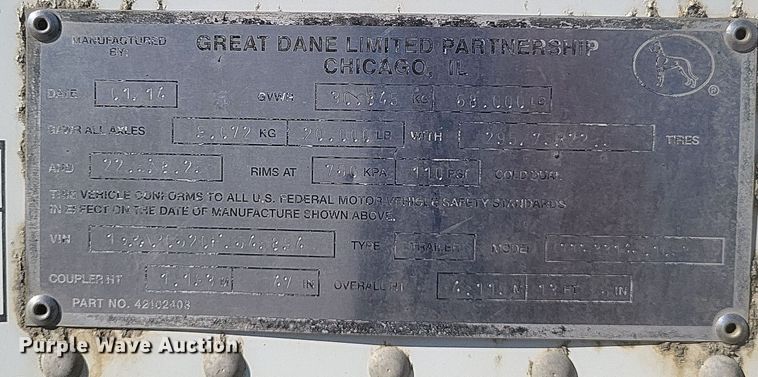 image for item DQ3729 2015 Great Dane  dry van trailer