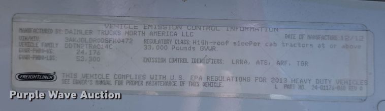 image for item DW3820 2013 Freightliner Cascadia 125 semi truck