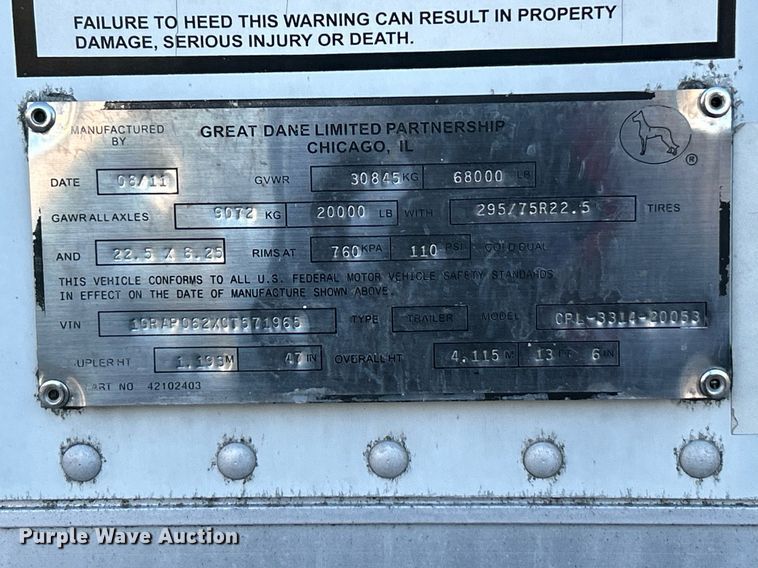 image for item EK3587 2012 Great Dane  CPL-3314-20053 dry van trailer