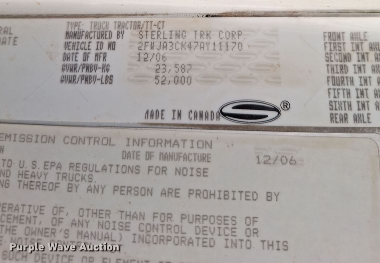image for item EQ2311 2007 Sterling A-Line semi truck