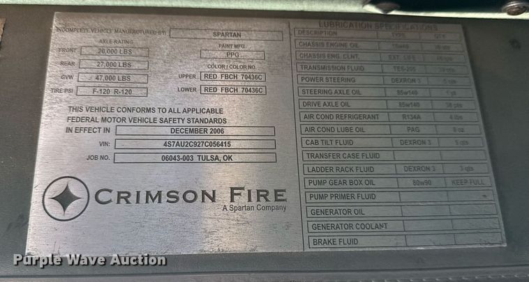 image for item DO7602 2007 Spartan Gladiator pumper fire truck