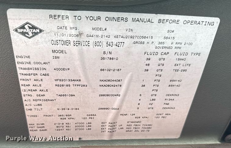 image for item DO7602 2007 Spartan Gladiator pumper fire truck