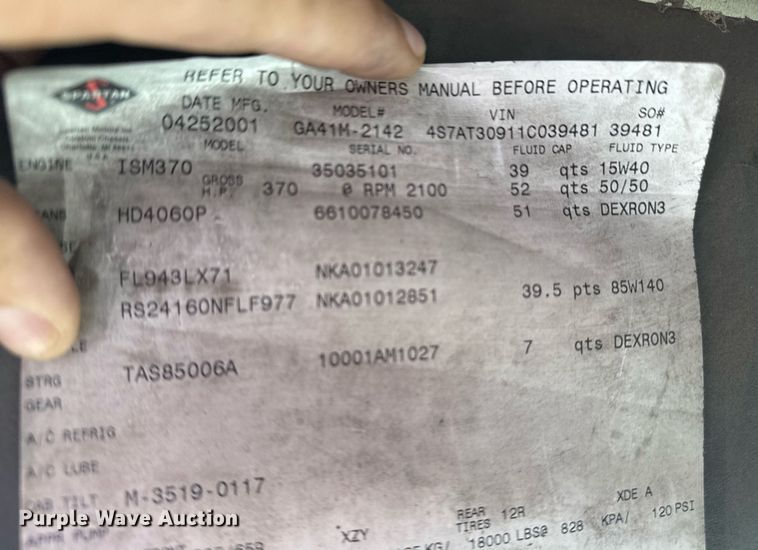 image for item DO7604 2001 Spartan pumper fire truck