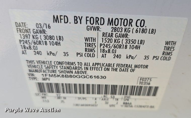 image for item DQ5292 2016 Ford Explorer  SUV