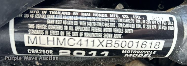 image for item DX3640 2011 Honda CBR250R motorcycle