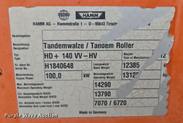 image for item EE8714 2011 Hamm HD140 double drum vibratory roller