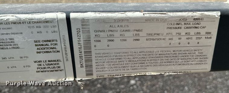 image for item EG6846 2018 Karavan utility trailer