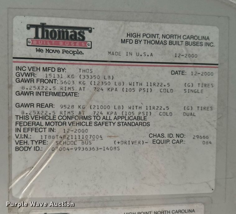 image for item IE9157 2001 Thomas   Saf-T-Liner MVP school bus