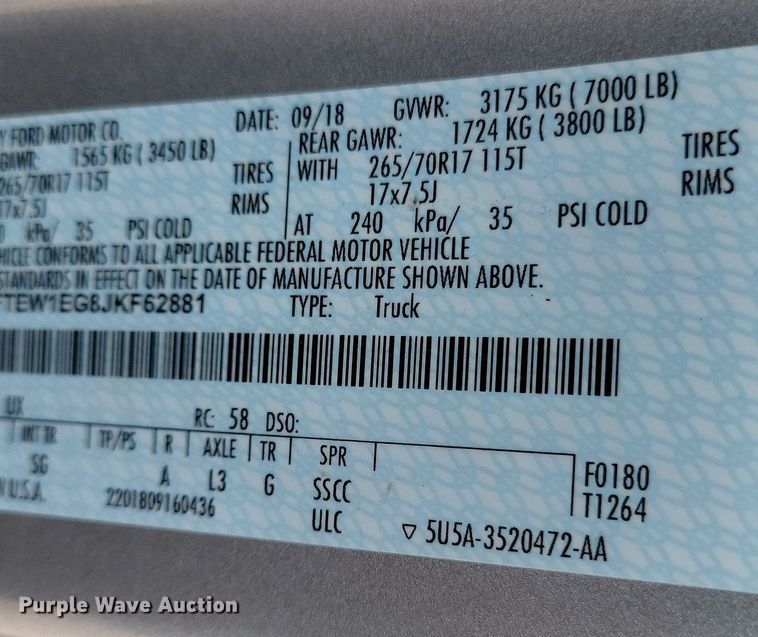 image for item JH9958 2018 Ford F150 XL SuperCrew pickup truck