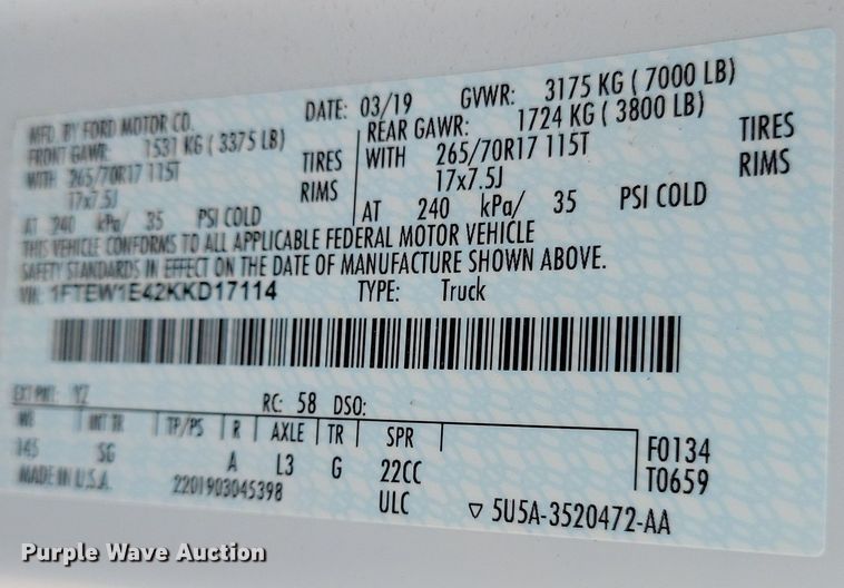 image for item JH9959 2019 Ford F150 XL SuperCrew pickup truck