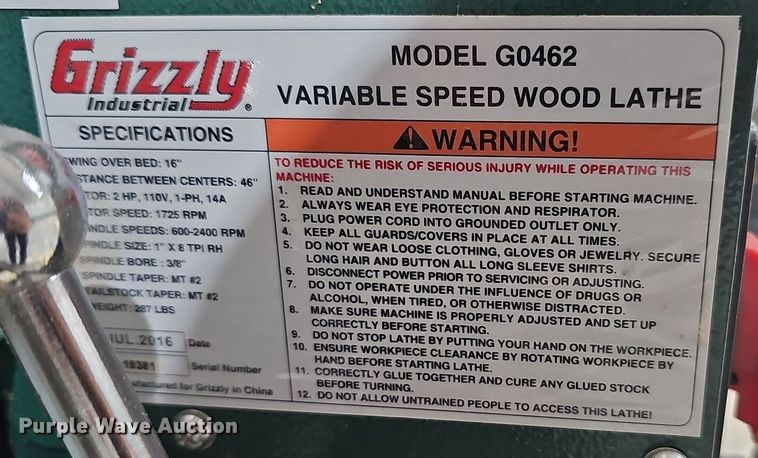 image for item OJ9022 Grizzly  G0462 wood lathe