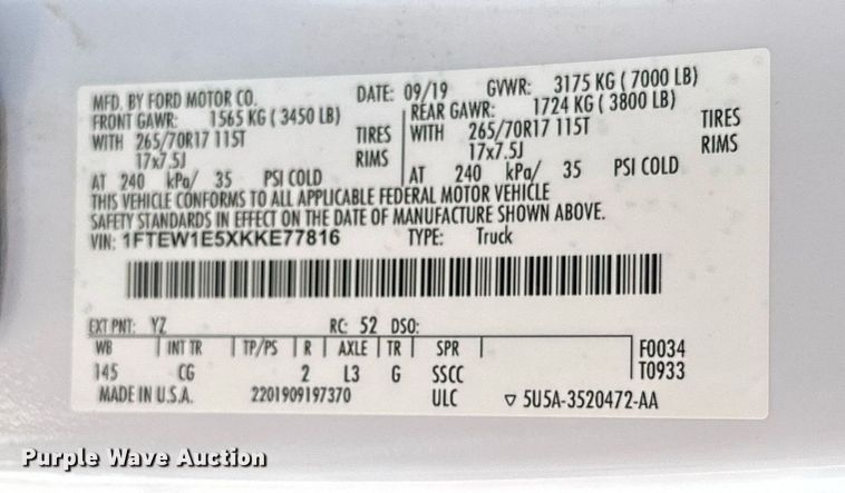 image for item DD3437 2019 Ford F150 SuperCrew pickup truck