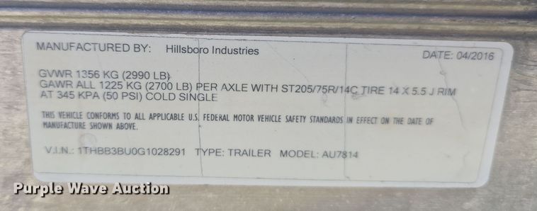 image for item DP0977 2016 Hillsboro AU7814 utility trailer