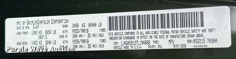 image for item DU9535 2007 Jeep Wrangler Unlimited Sahara SUV