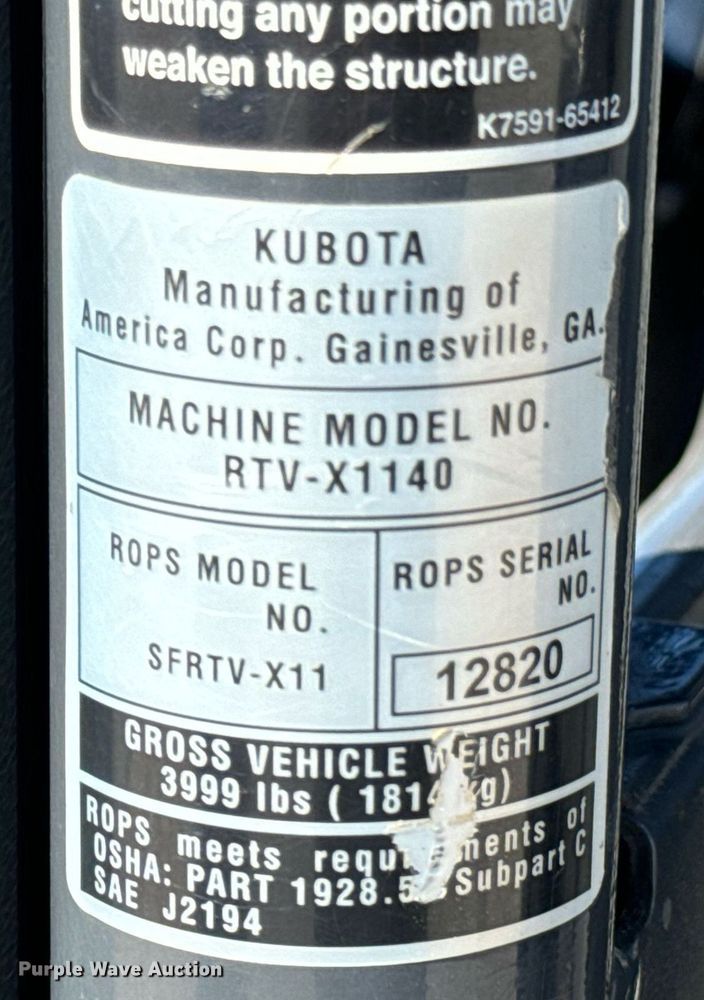 image for item DU9542 2016 Kubota RTV X1140 utility vehicle