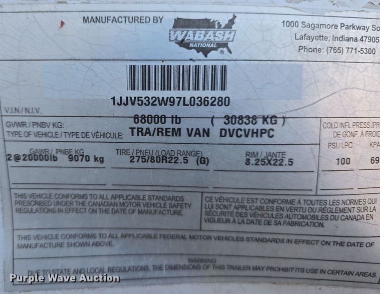 image for item DW3964 2007 Wabash National TRA/REM Van DVCVHPC dry van trailer