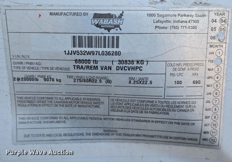 image for item DW3964 2007 Wabash National TRA/REM Van DVCVHPC dry van trailer