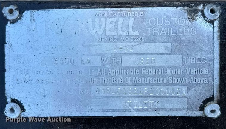 image for item EG2188 1994 Maxwell utility trailer