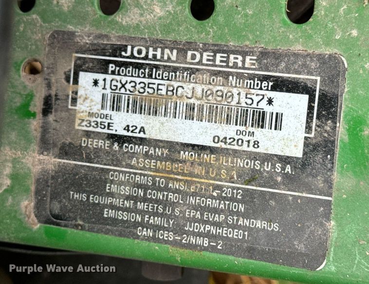 image for item EH7222 2018 John Deere Z335E ZTR lawn mower