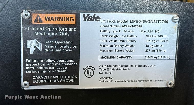 image for item EJ4941 Yale MPB045VGN24T2746 pallet jack