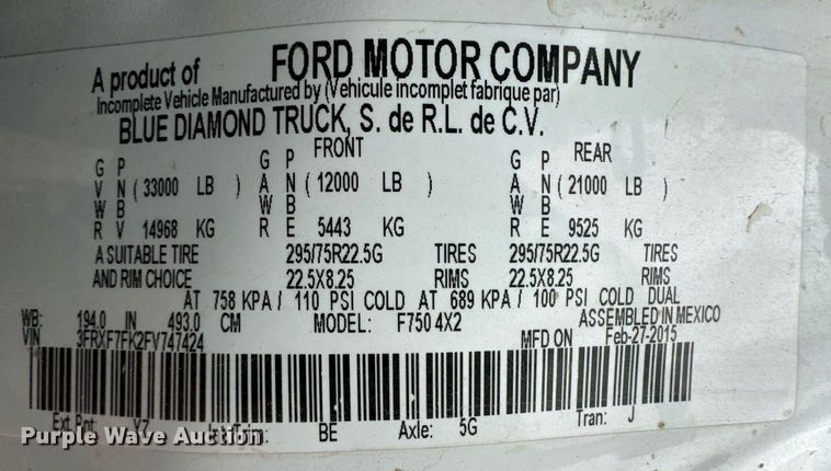 image for item DL0484 2015 Ford F750 Super Duty digger derrick truck