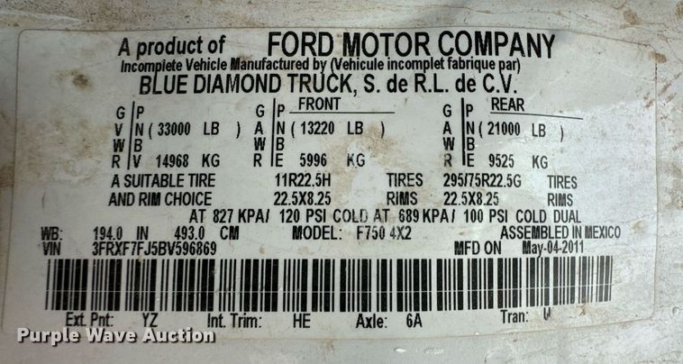 image for item DL0485 2011 Ford F750 Super Duty bucket truck