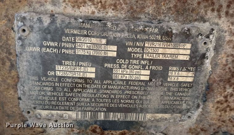 image for item DS3141 2010 Vermeer BC1500 wood chipper